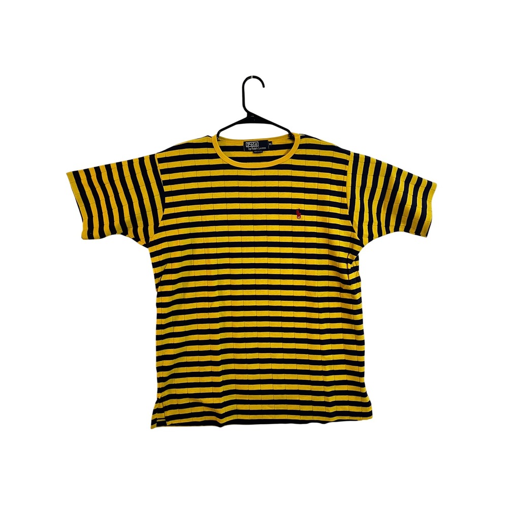 Vintage Polo Ralph Lauren Striped T-Shirt XL Yellow Navy Blue Made in USA Cotton
